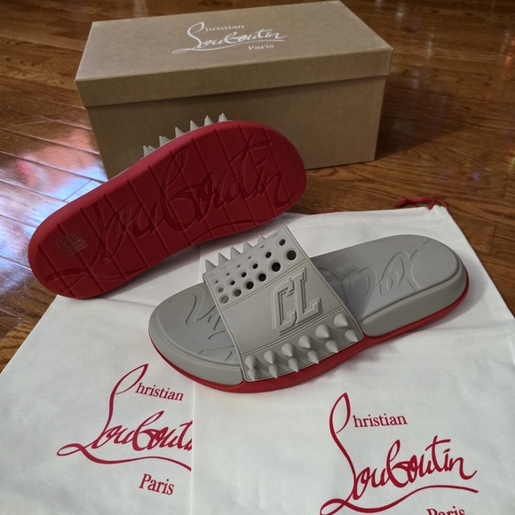 Christian Louboutin Gray Slide Sandals with Red Sole main image 6